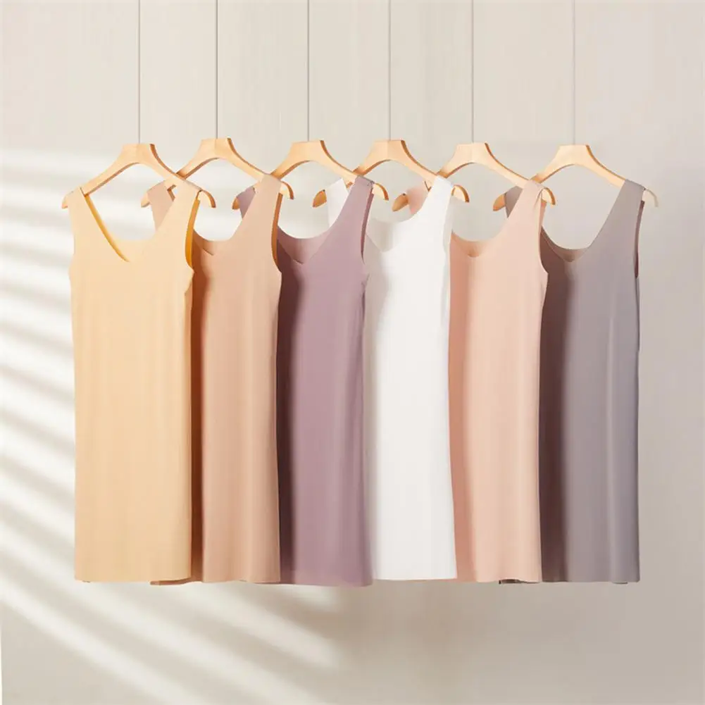 

Nightgown Women Nightdress Seamless Ice Silk Thin V Neck Sleeveless Solid Loose Underskirt Dress Inner Vest Dress Nightwear