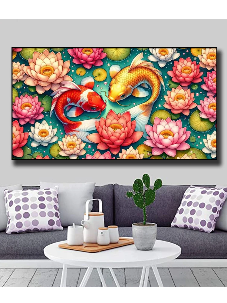 Koi Carp Lotus flower 5D Diamond Embroidery Full Diy Diamond Painting Mosaic Cross stitch Chinese Good Luck Landscape Home Decor