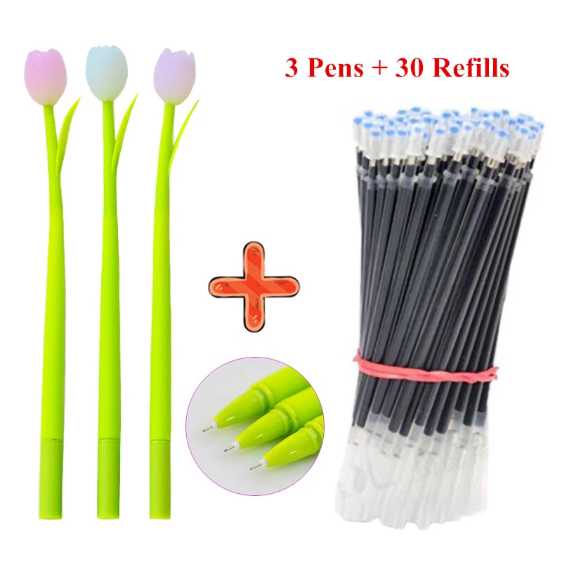 3 Gel Pens + 30 Refills 0.38mm Kawaii Creative Discoloration Plant Silicone Tulip Signature Pens Writing Supplies Stationery