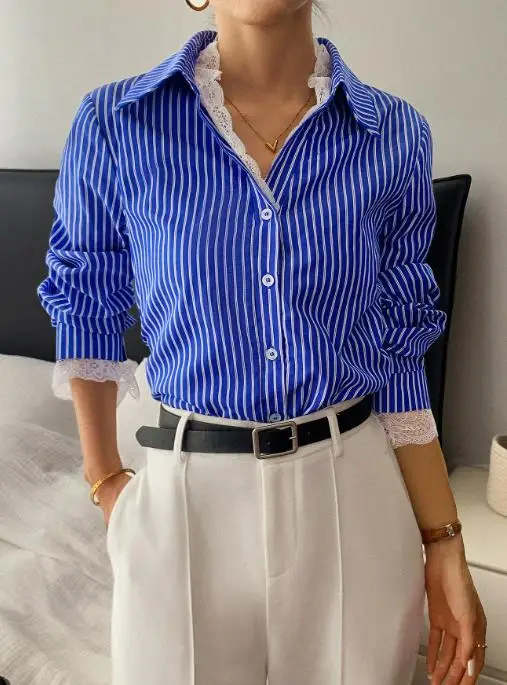 

Женская блузка, весна-осень 2023, новая модная полосатая однобортная рубашка с отложным воротником и длинными рукавами, универсальная тонкая однобортная рубашка