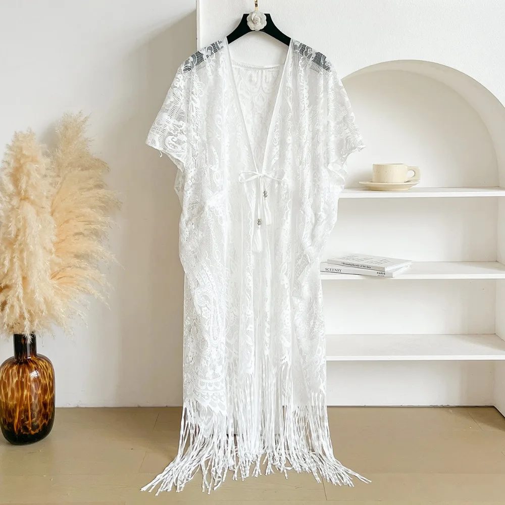 

Vintage Lace Mesh Sunscreen Beach Cover Up Floral Plus Size Swimsuit Cover Up Tassel Transparent Bohemian Shawl Holiday