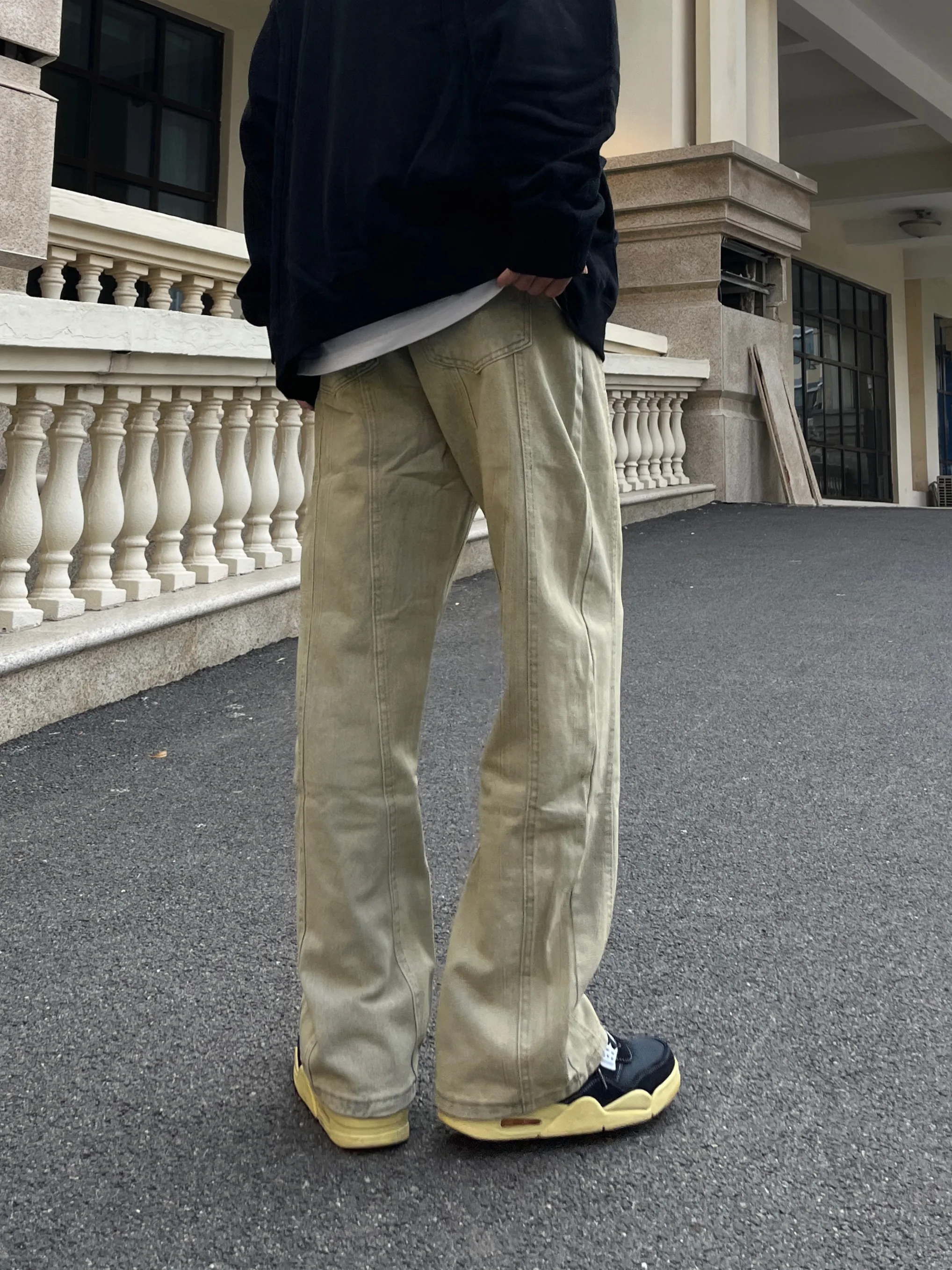 

Retro Distressed Yellow Clay Dye Flared Jeans Men's Straight Loose Casual Pants American High Street Vibe Fashion Trend