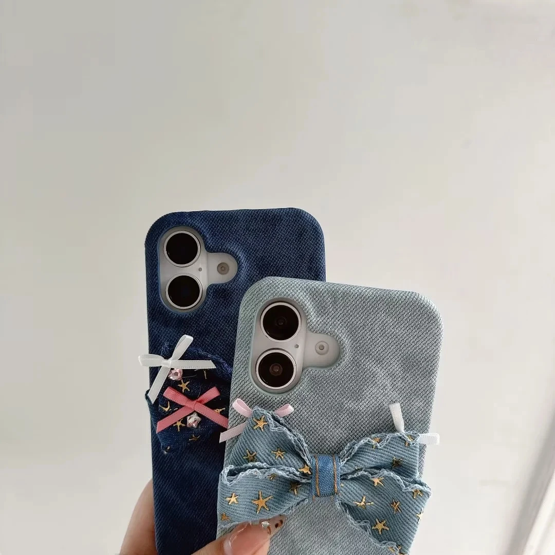 Etui ze stojakiem Sweet Bow Denim Hard Back Cover do iPhone 12 13 14 14Plus 15 16 Promax, 16Plus z uroczą podpórką z kokardą, uchwyt