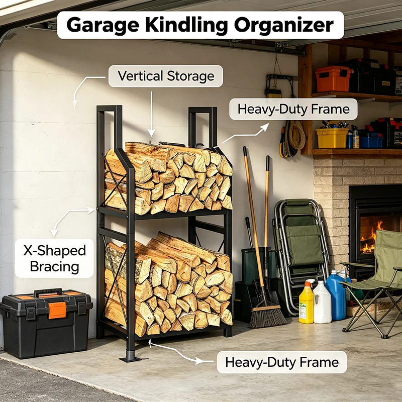 2-Tier Firewood Storage Rack Indoor Outdoor Firewood Storage Holder with Handles Metal Log Stacker for Yard Shed Patio Fireplace