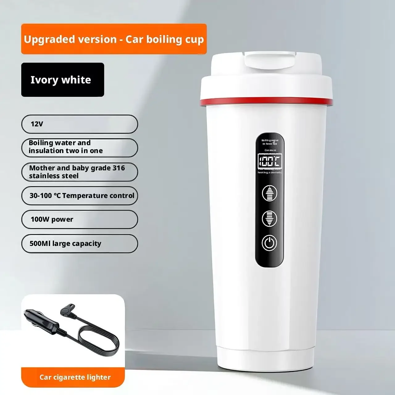 Smart Car Electric Kettle 500ml 12/24V Universal Intelligent Heating Insulation Integrated Cup 316 Stainless Steel Inner Pot