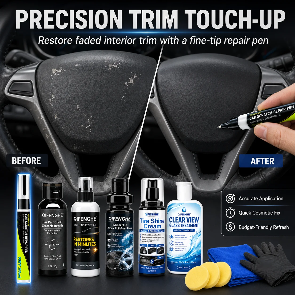 6 in 1 Car Interior Detailing Kit Scratch Repair Glass Cleaner Plastic Restorer Lens Polish Tire Shine Set