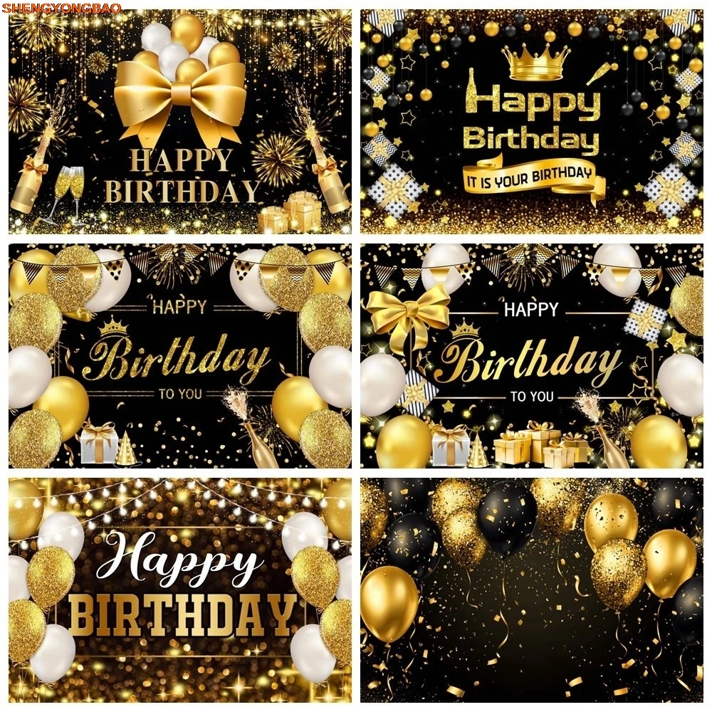 

Adult Birthday Party Backdrop Gold Black Pink Balloons Woman Man Birthday Custmize Banner Photography Background Photo Studio