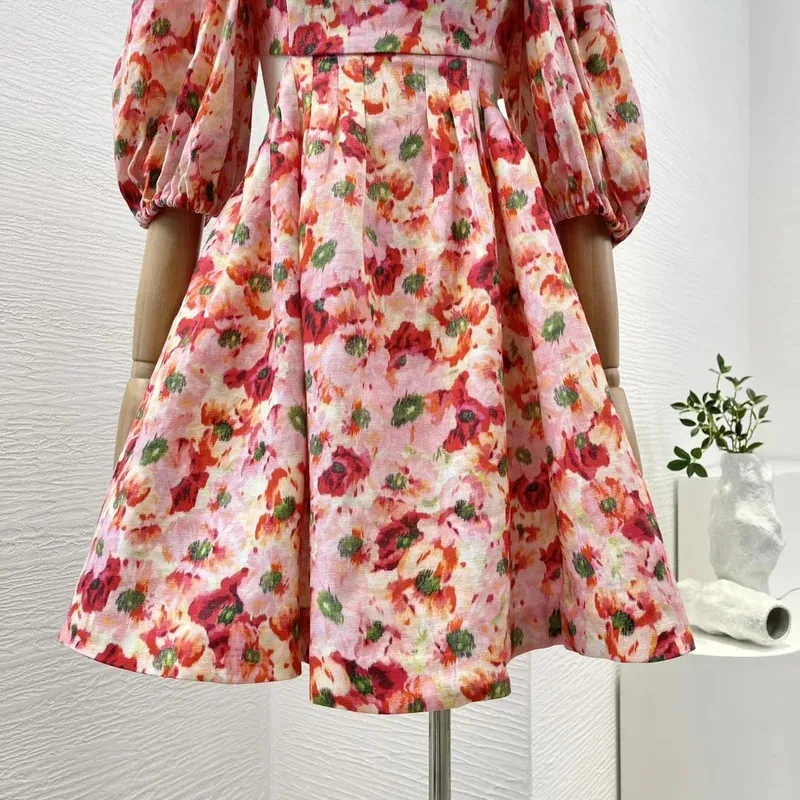 Minivestido de lino con estampado Floral rojo para mujer, minivestido de media manga con Espalda descubierta, cintura recortada, cuello cuadrado, alta calidad, 2025