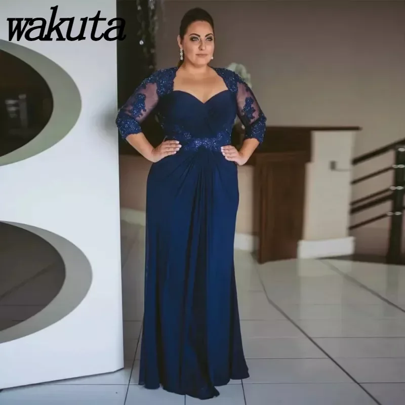 

Wakuta Classic Wedding Guest Dresses 3/4 Sleeves Sparkling Beading Applique Pleat Plus Size Mother of The Bride Robes De Soirée