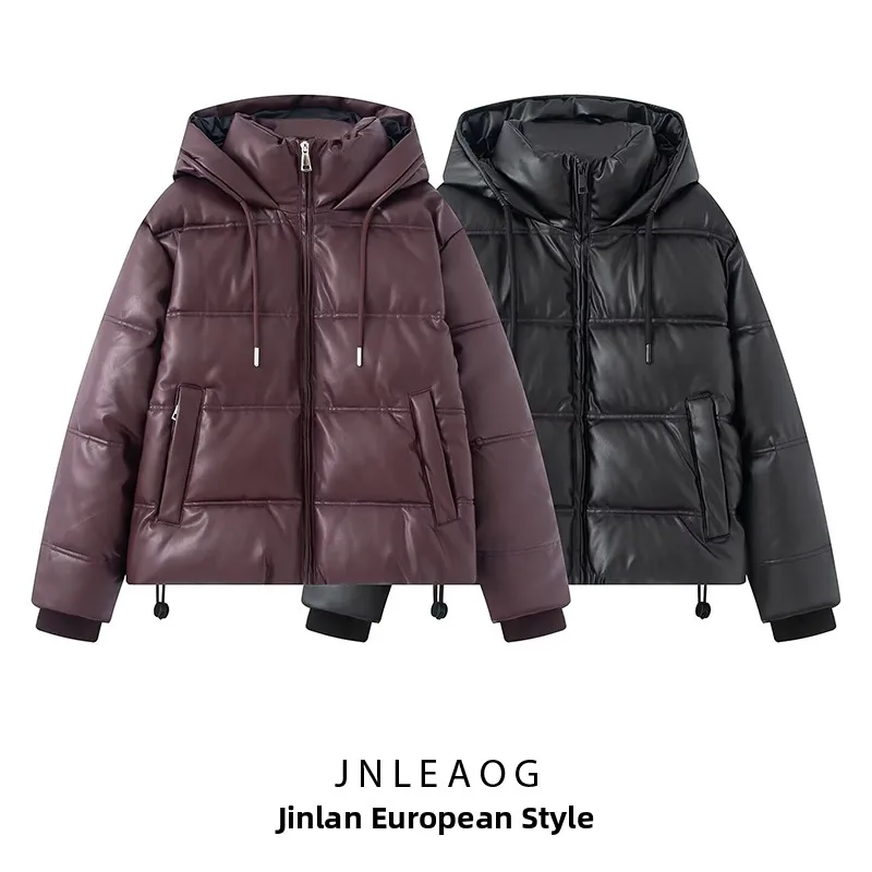 

JNLEAOG Autumn New Women's Faion Faux Leather down Cotton Jaet Street Sle Hooded Zipper Closure Long Sve round Ne ...