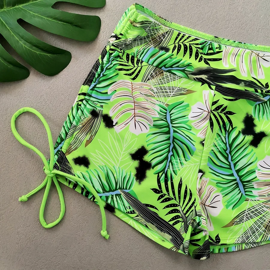 2025 新しい女性のビキニセット蛍光グリーンハイウエスト花柄 2 ピース水着巾着プリーツ V ネック水着