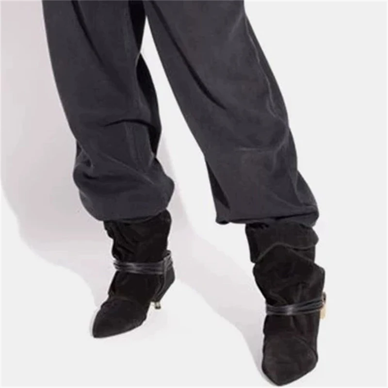 

Aneikeh Fashion Retro Autumn Winter Pointed Toe Women Ankle Boots Punk Metal Buckle Turned-over Edge Low Heels Party Dress Shoes