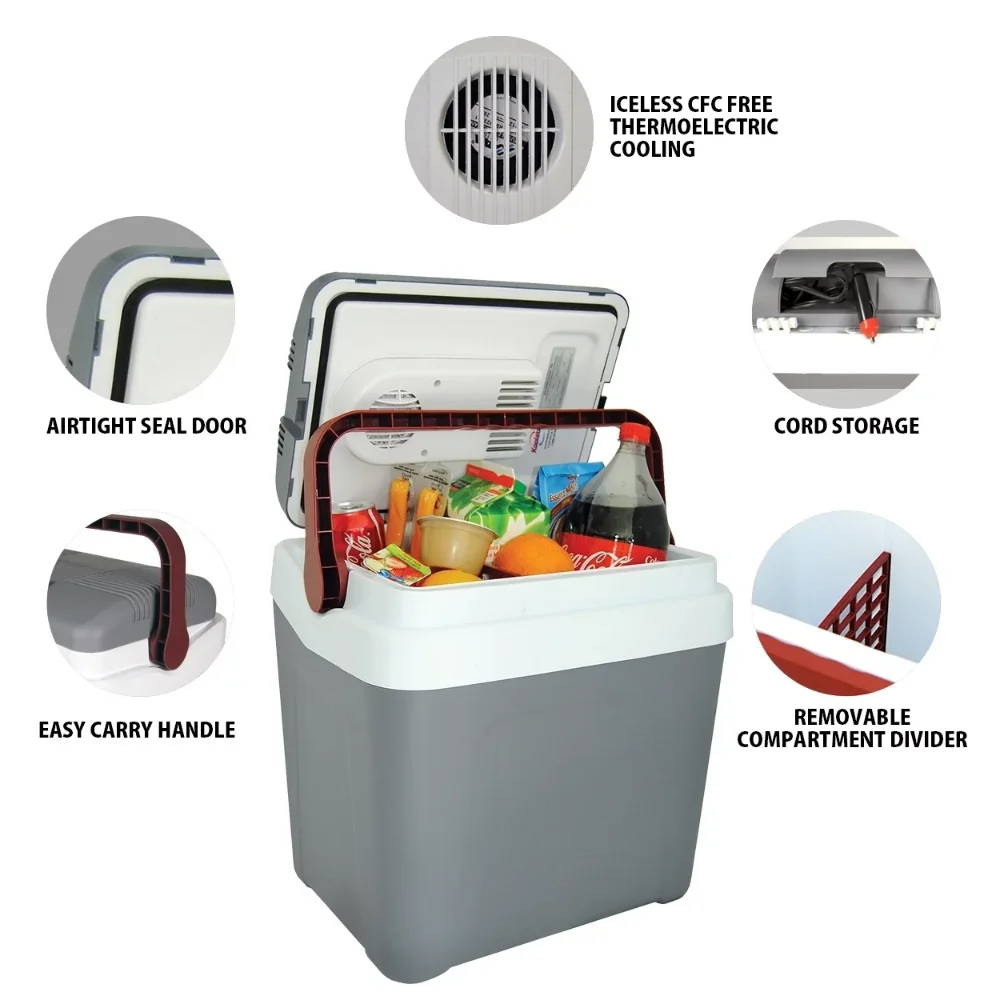 P25 Iceless Electric Cooler 12V 24L / 26 Qt Portable Ice Chest Fridge Grey And Red