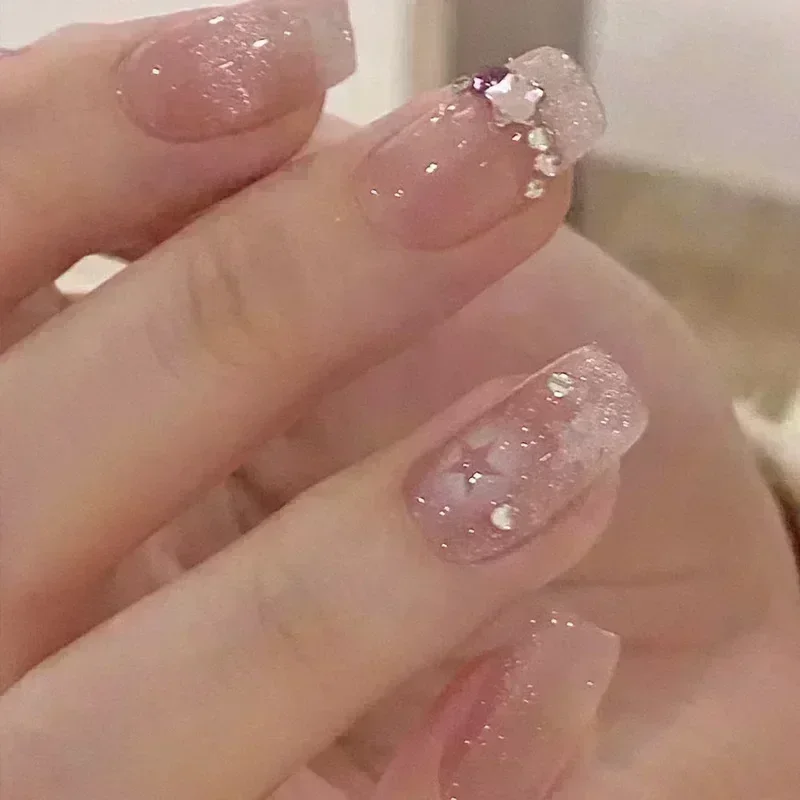 24Pcs Glitter Diamond Press On Nails Blush Pink Cat Eye Fake Nails Sweet Cute Coffin Full Cover Short Square False Nail Tips Art