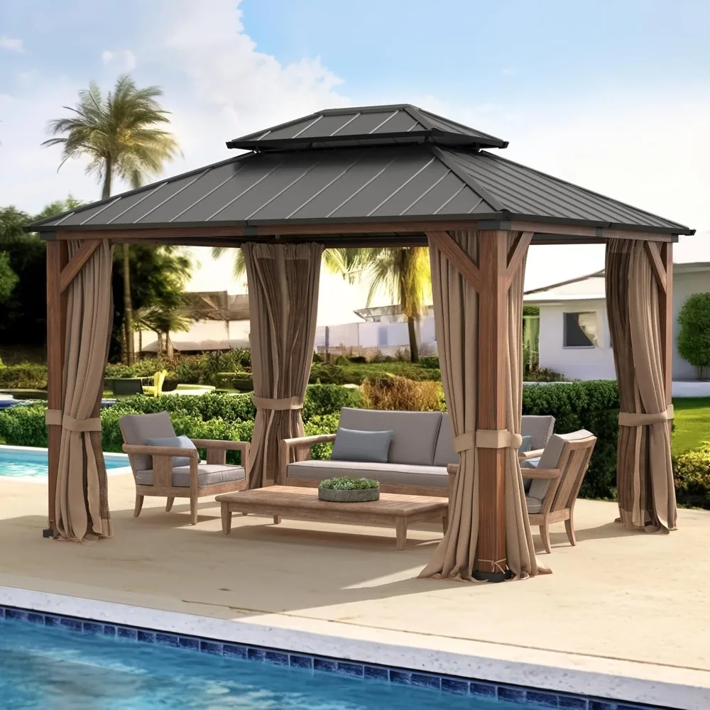 

Hardtop Gazebo, Galvanized Steel Double Roof Permanent Pavilion with Wood-Like Aluminum Frame, Outdoor Metal Gazebo Canopy