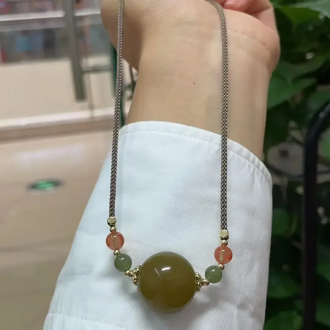 Fashion Hotan Jade Pendant Original Design Sugar Material Big Round Bead Clavicle Necklace Light Luxury Jewelry Women's GIft