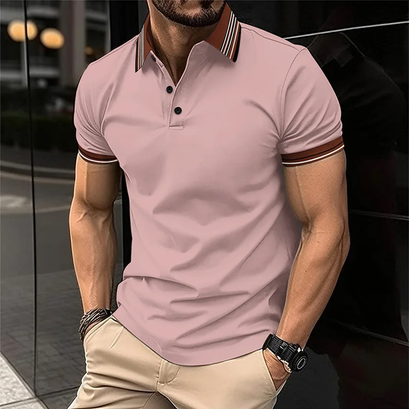 Men's Casual Polo Shirt with Color Block Collar Short Sleeve Fashion Button Design for Daily Commute