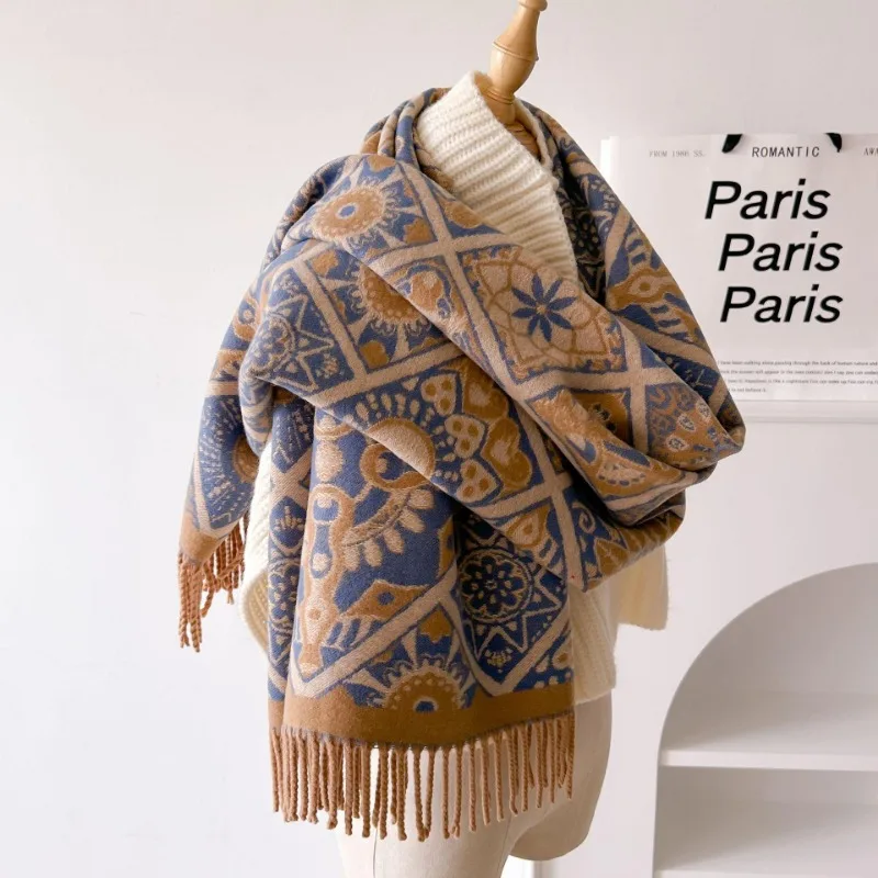 

Winter warm thickened imitation cashmere scarf Bohemian literary and retro long fringed scarf shawl