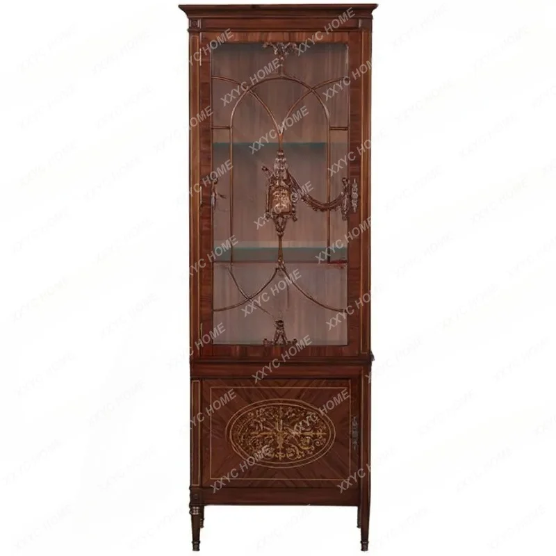 XXRetro solid wood wine cabinet mahogany shell inlaid single door glass display cabinet