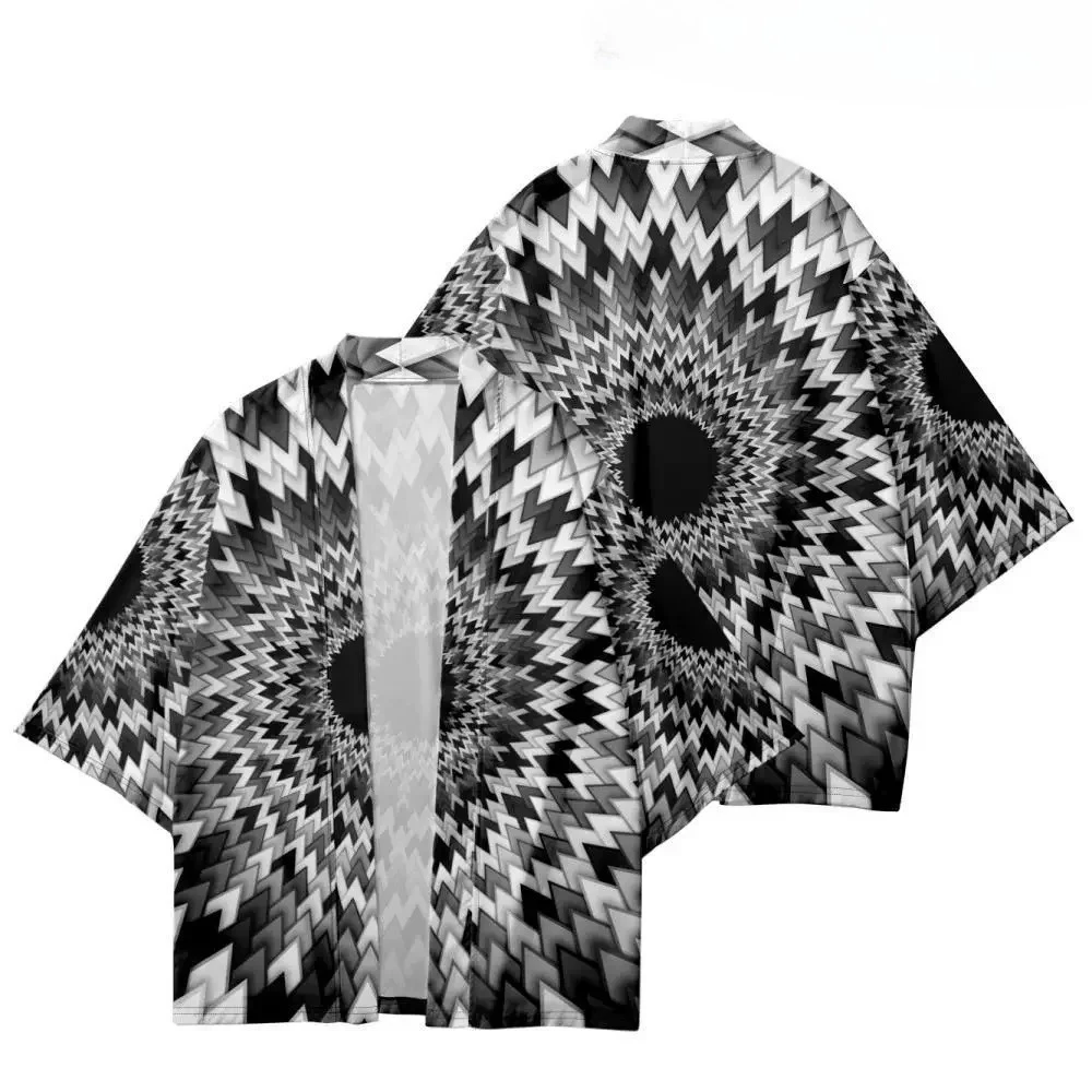 سترة كيمونو عصرية يابانية ملابس الشارع الشهير رداء 2025 هندسي عتيق فضفاض للنساء والرجال Haori توب يوكاتا أداء #3