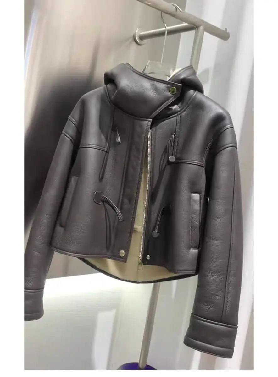 Autumn Winter Niche Unique Chic Top French Small Fragrant Celebrity Design Sense Korean Hooded Leather Jacket Short Coat Women
