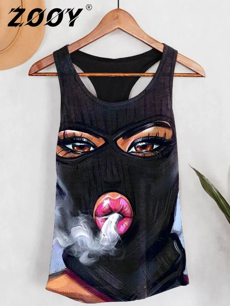 

XXS-8XL WOMEN Plus Size Chest 170cm Round Neck Loose Black Masked Face Advanced Cartoon Pattern Printed Summer Fashion Tank Top