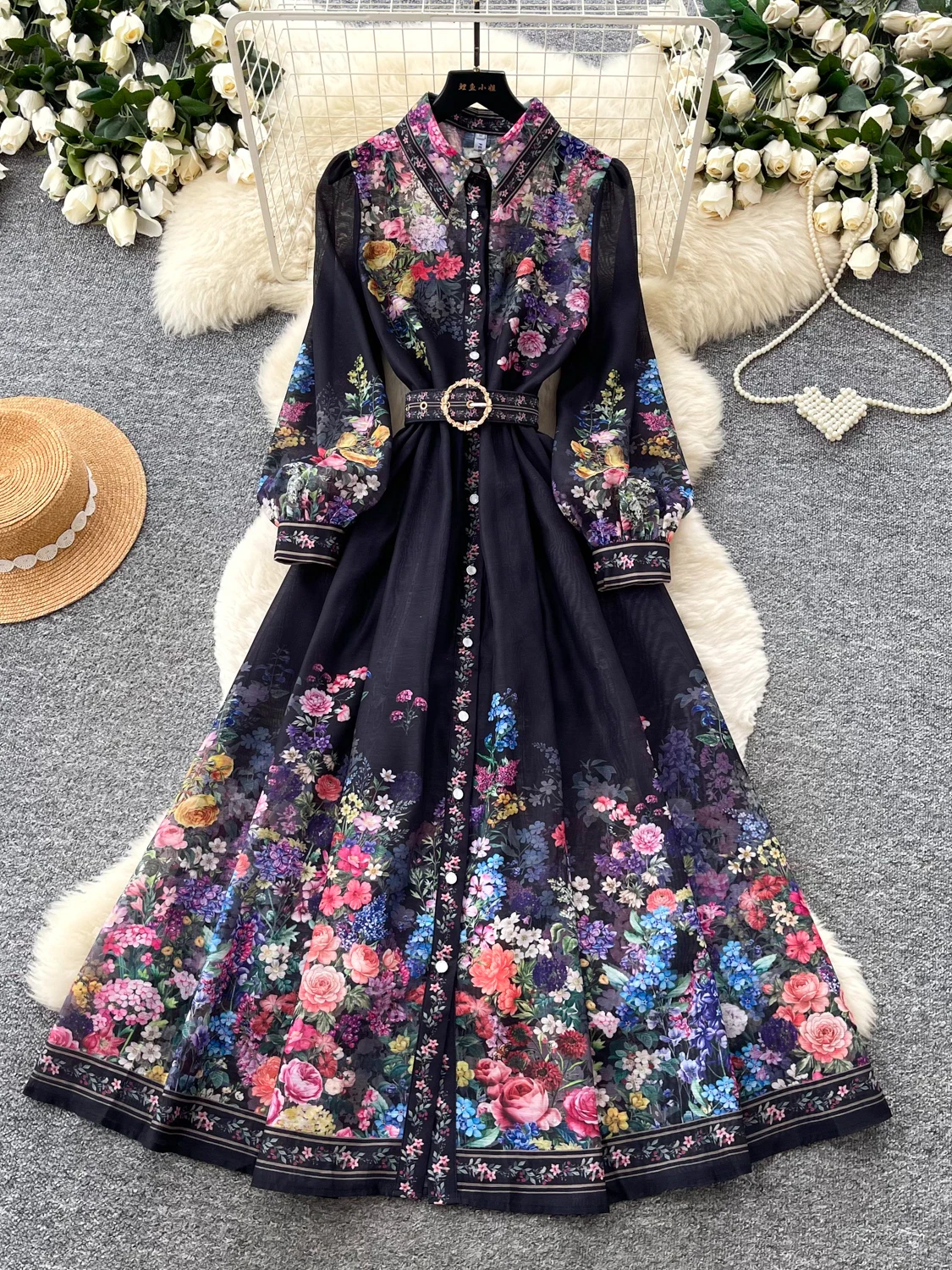 Romantic Court Print Turn-down Collar Lantern Sleeve Dress Women's Korean Style Slimming A-Line Long Dress Summer Fashion