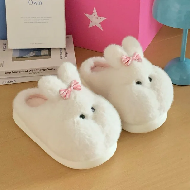 

Winter Cute Little White Rabbit Women's Cotton Slippers with Bow, Quiet and Comfortable Home Slippers, Warm and Plush Slippers