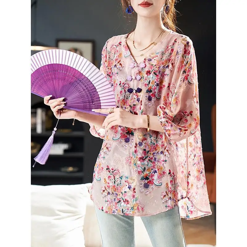 Simplicity Office Lady New Summer Thin Style Women\'s V-neck Printing Frog Fashion Elegant Loose 3/4 Sleeve Chiffon Shirt Tops