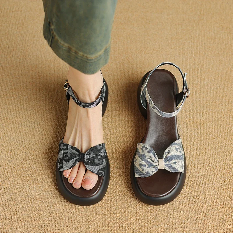 2024 Summer Sandals plus size 22-26.5cm Printed fabric+microfiber butterfly knot loop strap platform Women's Shoes Chinese style