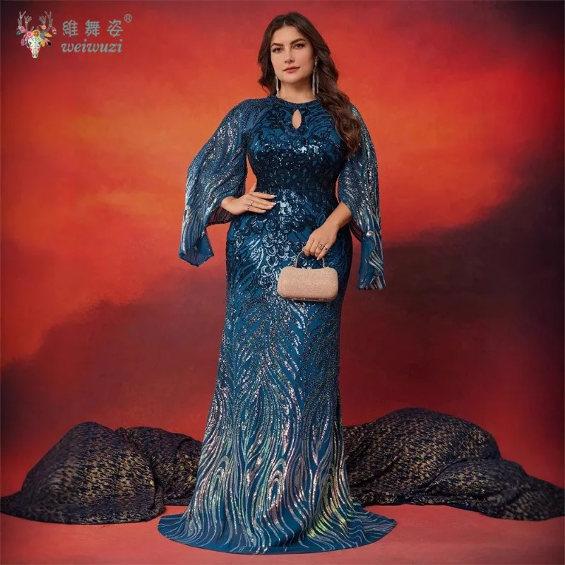 

Plus Size 4XL Elegant Women Long Sleeve O Neck Sequined Ladies Party Wear Cocktail Prom Evening Long Maxi Dress Female Clothing