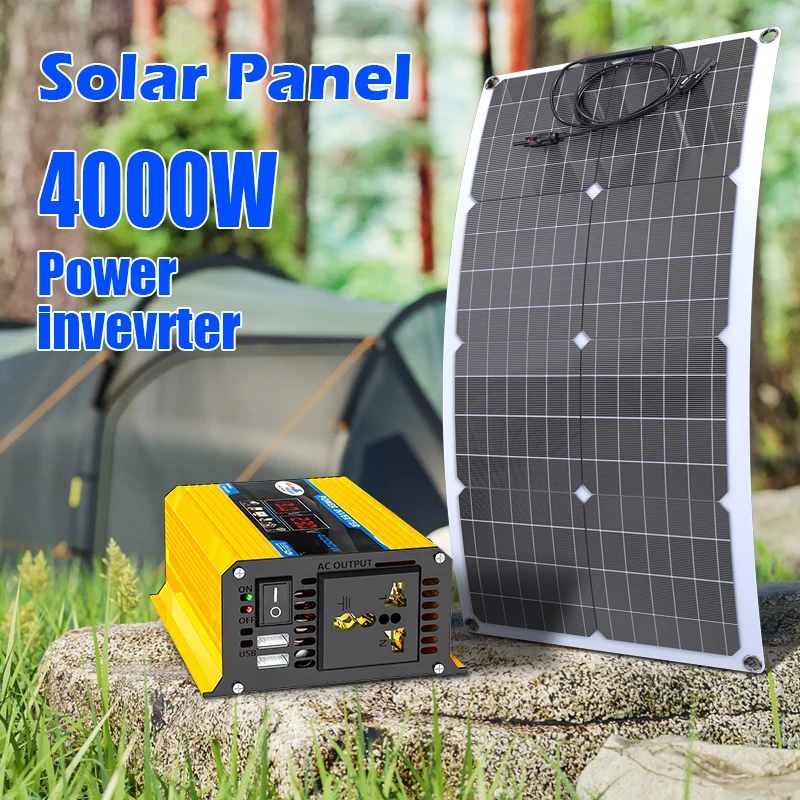 2000W Flexible Solar Panel System, 12V Battery Charging, 110V/220V Output, 4000W Inverter Kit for Home, Outdoor, Camping