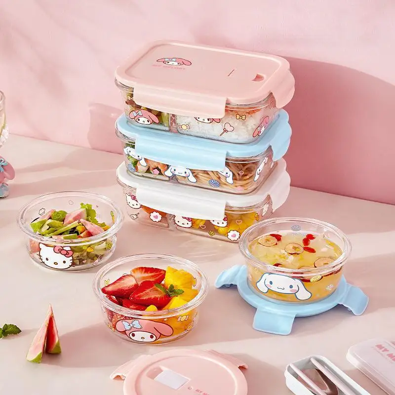 1000Ml Sanrio Kawaii Hello Kitty Lunch Box My Melody Cinnamoroll Cute Large Capacity Student Cartoon Printing Glass Bento Box