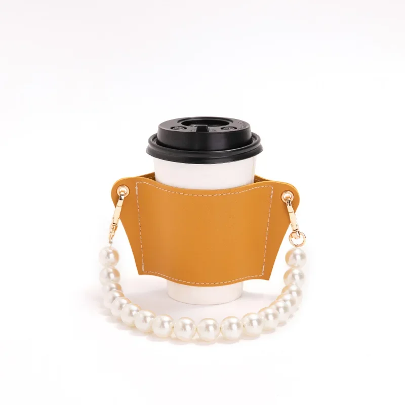 Removable Pearl Chain Cup Holder PU Leather Travel Eco-friendly Drink Case Bag Coffee  Bottle Covers Insulated Tea Cup Holder