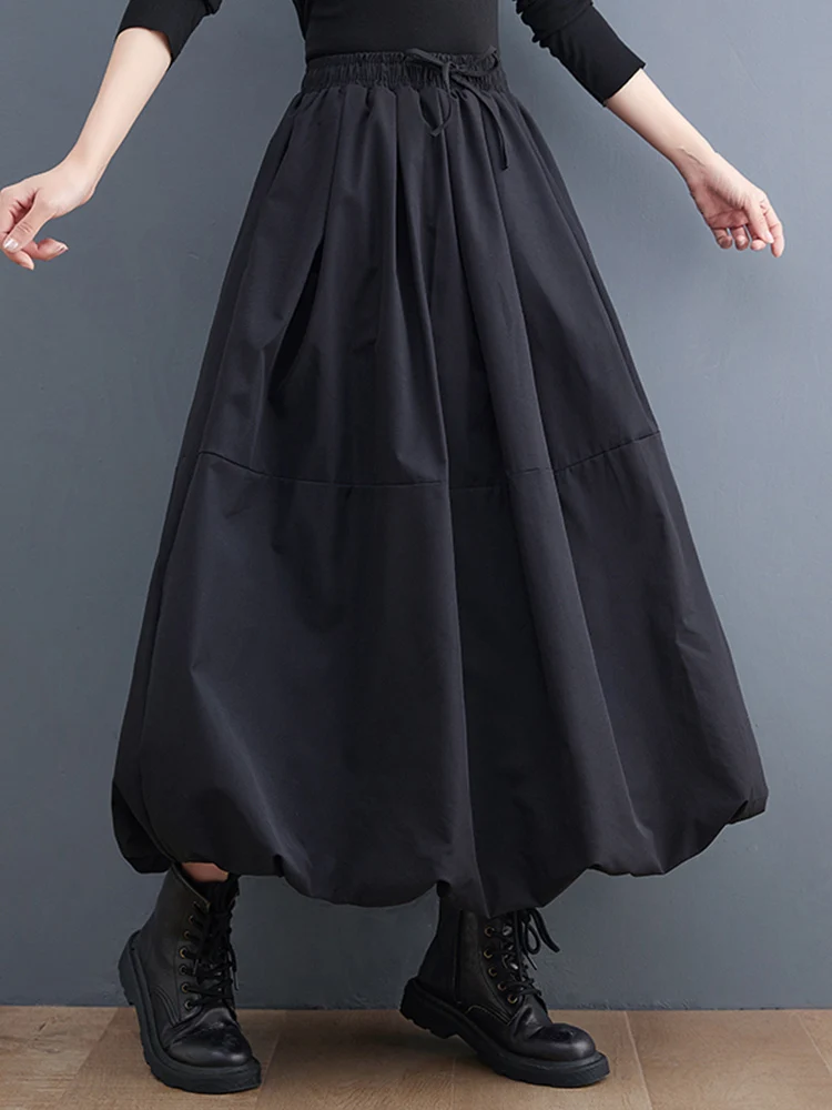 Black Vintage High Waist Puffy Women's Skirt Plus Size Fashion Drawstring Loose Casual Long Skirts Clothes Spring Autumn 2025