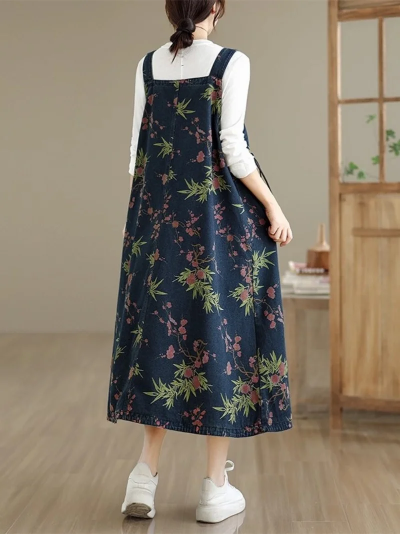 패셔너블하고 트렌디한 프린트 데님 베스트 드레스 여성용 개성 있는 스플릿 타이 루즈하고 스타일리시한 플로럴 스트랩 드레스 w902 ﻿