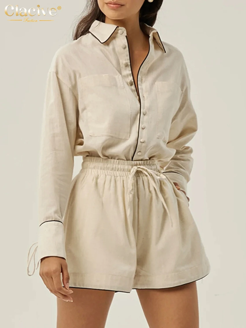 

Модный свободный бежевый хлопковый комплект Clacive из 2 предметов для женщин: элегантная рубашка с длинными рукавами и шорты с высокой талией, женская одежда