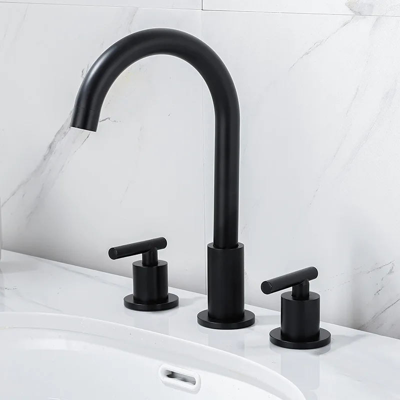 Black Three-Hole Faucet Hot and Cold Water, Three-Piece Household All-Copper Split Faucet Basin, Bathroom Cabinet