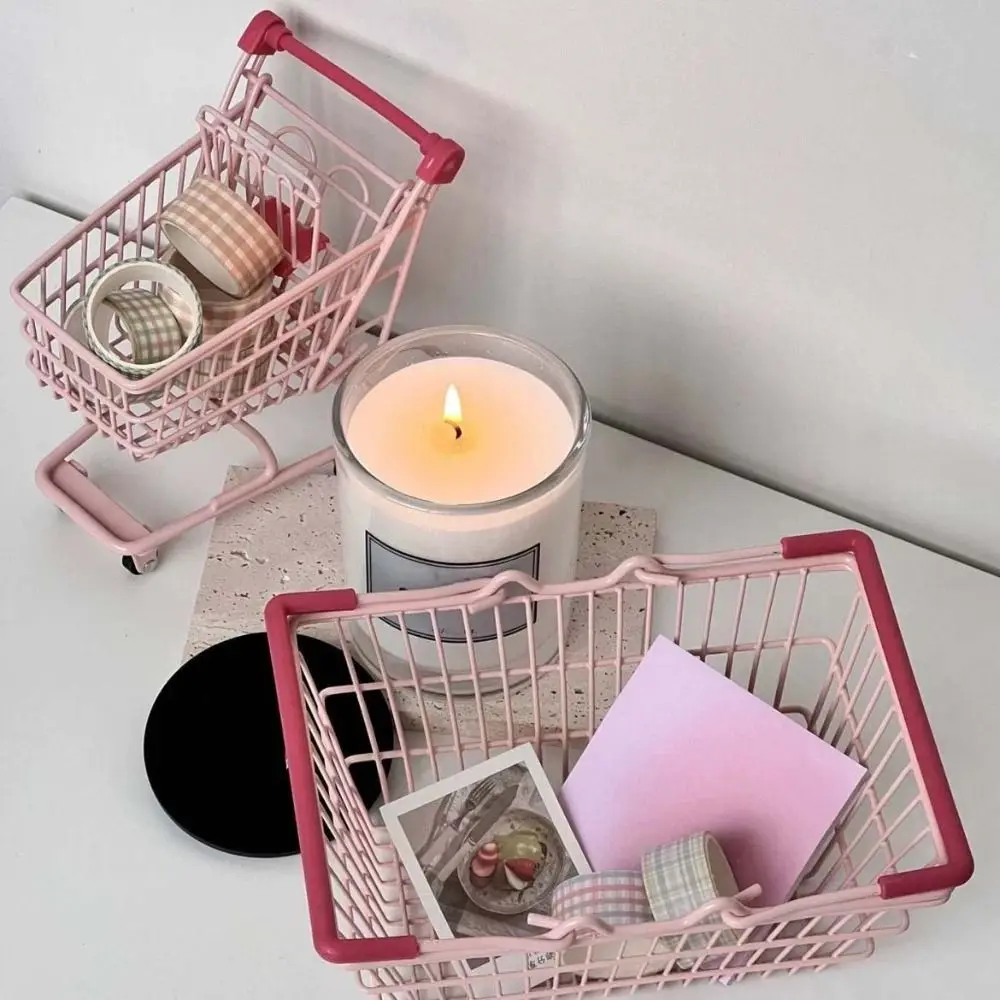 Cute Metal Mini Storage Basket Model Hollow Toy Trolley Container Ornaments Grocery Cart Desktop Stationery Holder Girls