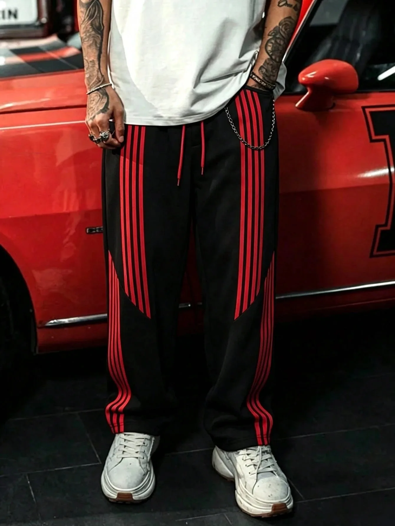 Men's Red Border Striped Printed Loose Quick Drying Sports Pants, Lightweight Running Training Casual Sports Pants