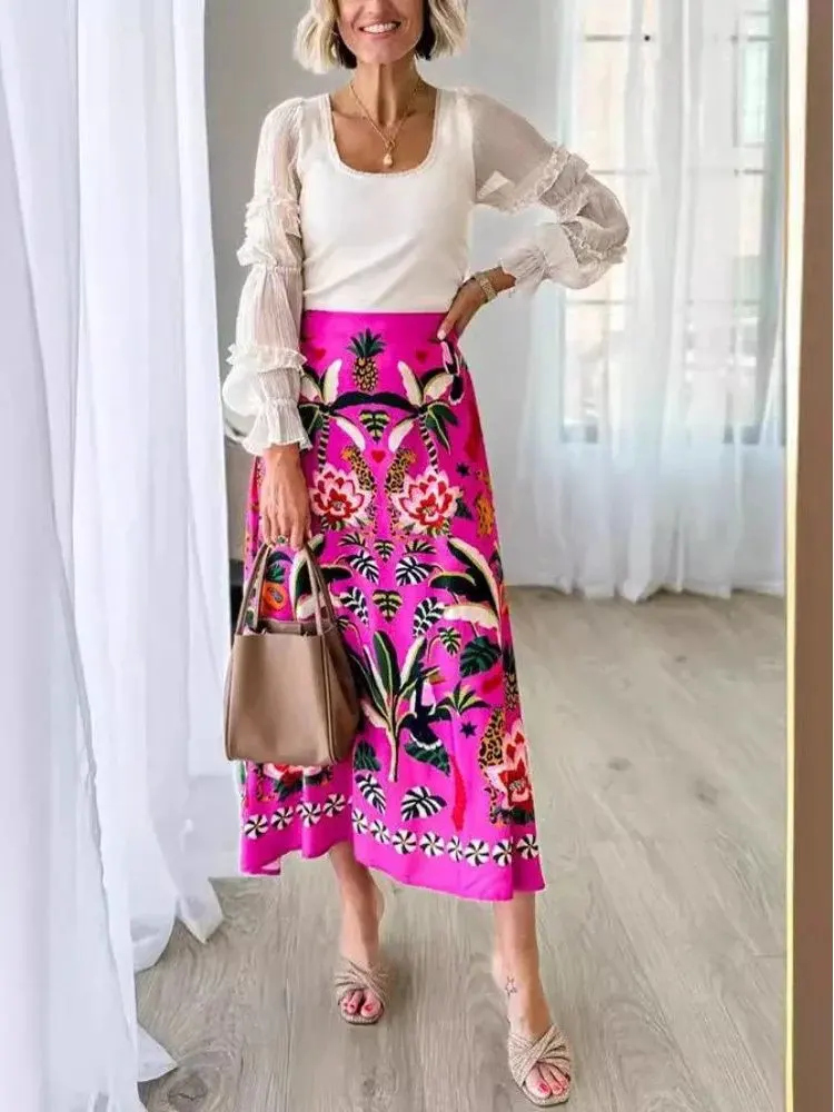 

Printed Retro A-Line f-Length Skirt High Waist Polyester Fabric Street Sle Long Skirt for Women in Their Late Twenties