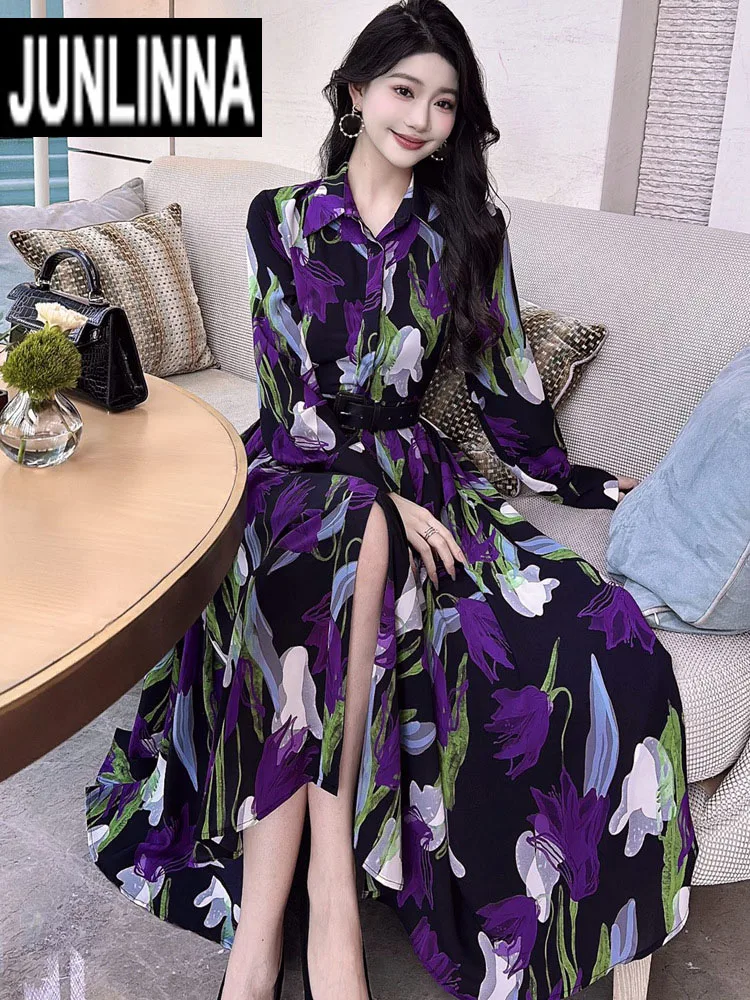 

JUNLINNA Spring Autumn Women Long Shirt Dress Turn-down Collar Single Breasted Fashion Flower Printing Holiday Vestidos