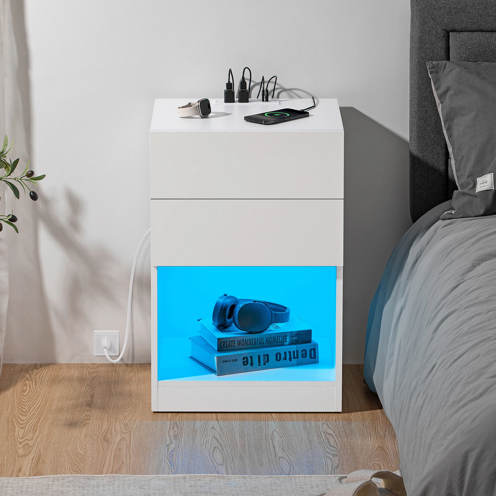 LED Bedside Table with Bluetooth Light Strip USB Port Modern Nightstand with Color Changing Lights and Charging Station