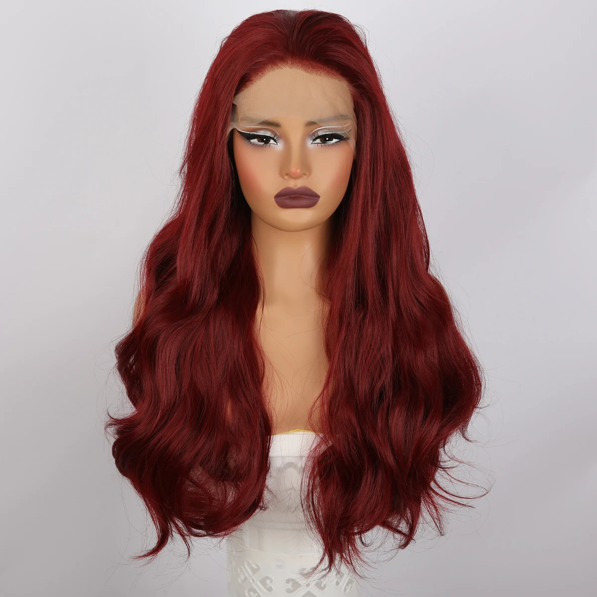 

Natural Wine Red Hand Hook Lace Synthetic Heat-Resistant Big Wave Party Wig Bangs Red Waves Suitable For Black Women's Daily Wig