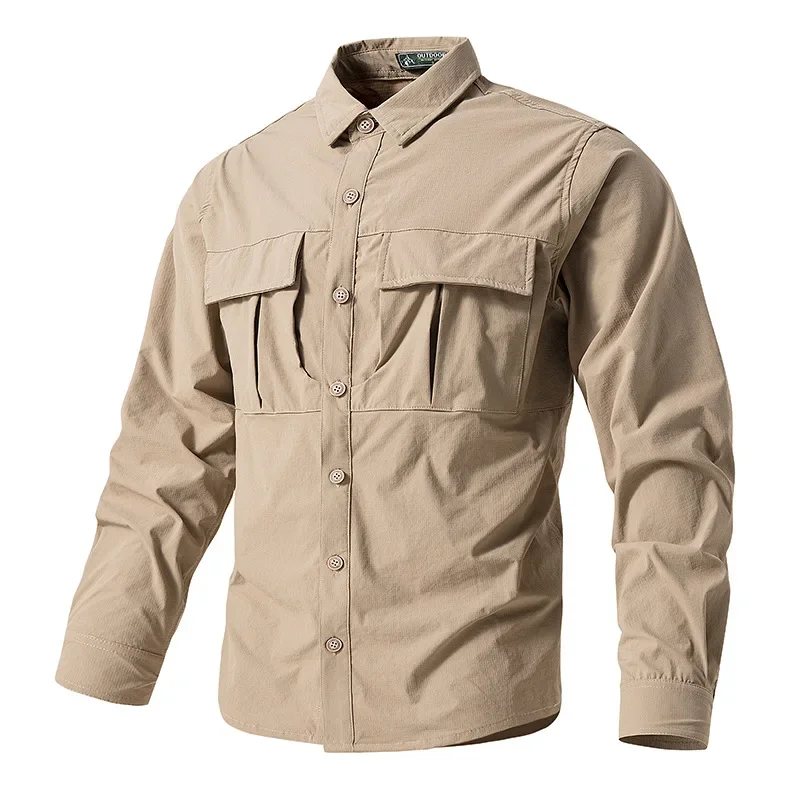 Immagine 5: Camicie da trekking tattiche da uomo, a maniche lunghe, stile cargo, camicie da lavoro, camicie estive per attività all’aperto, ad asciugatura rapida, camicie da caccia, con molteplici tasche, impermeabili.