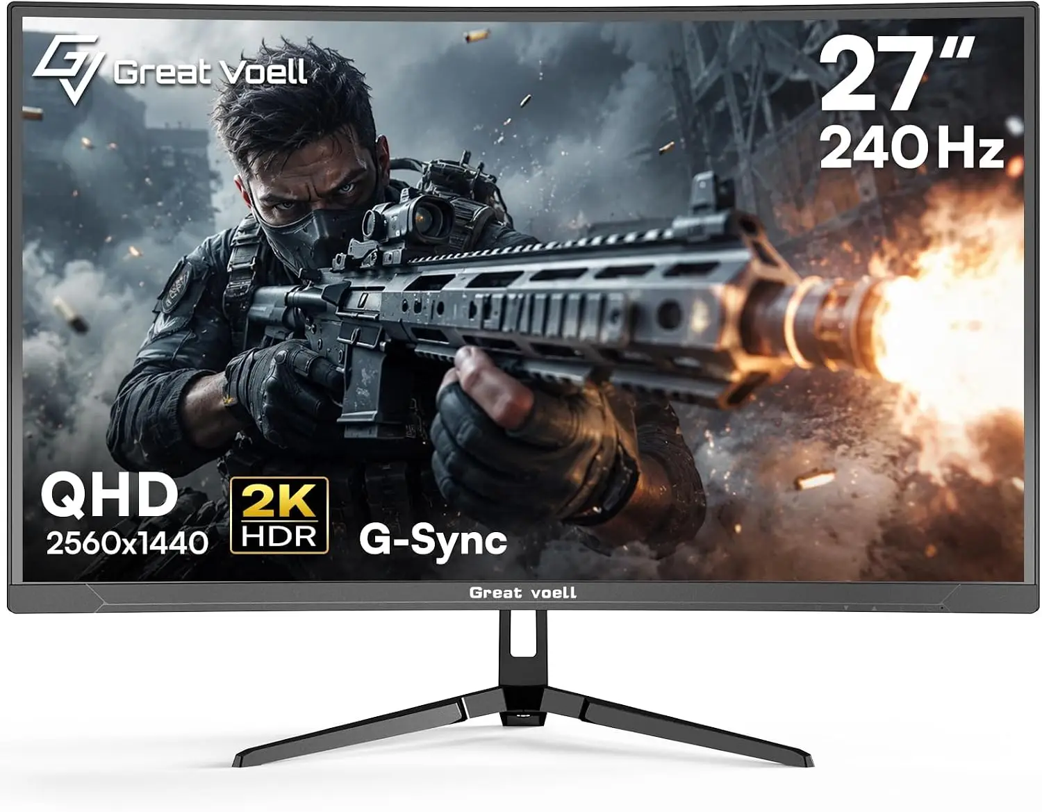 Great Voell 27-inch 240Hz Curved Gaming Monitor, 2K QHD, 1ms MPRT G-Sync | 1440p HDR VA Panel, 98% sRGB, 1500R Immersive VA Panel, HDMI 2.0 and DP 1.4, Tilt Adjustable, VESA Compatible