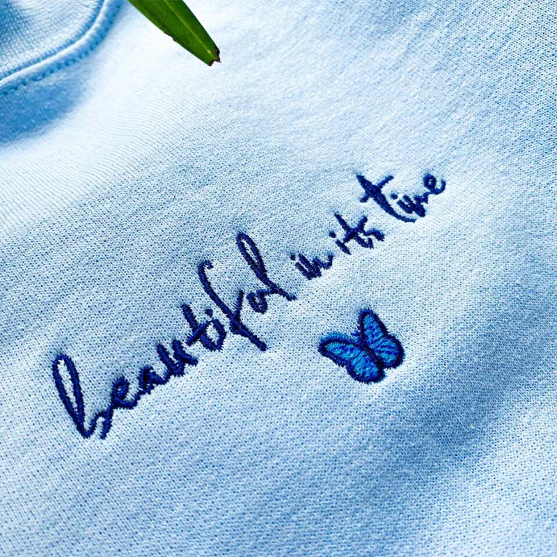 Butterfly in its Time Letters Embroidery Women Pullover Sky Blue Autumn Thick Sweatshirt Crewneck Loose Casual Aesthetic Hoodies