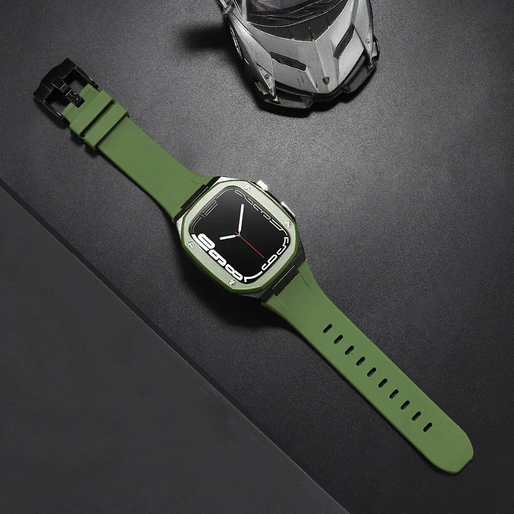 Luxury Metal Case for Apple Watch Band Modification Mod Kit 44mm 45mm Men Rugged Bezel Silicone Strap iWatch Series 8 7 6 5 4 SE