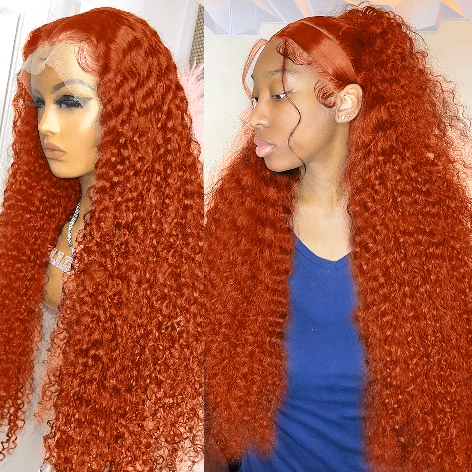 Perruque Lace Front Wig Remy Naturelle Ondulée, Cheveux Humains, Bouclés, Colorés, Orange, 13x6, 13x4, pour Femme