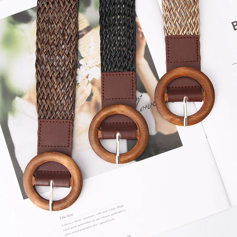 Woman Fashion Belts Vintage Straw Plaited Style Belts No-hole Design Wooden Buckle Woman Apparel Accessories